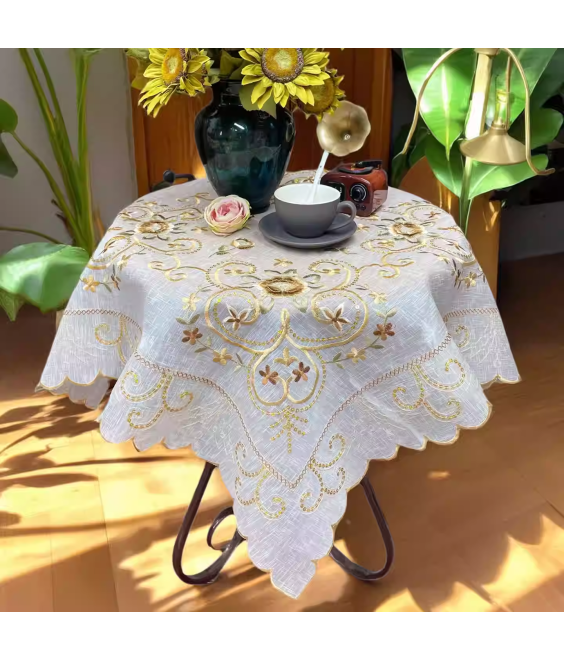 Flowers Embroidered Lace Square Tablecloth,Vintage Floral Dining Table Cover for Home Kitchen Decoration