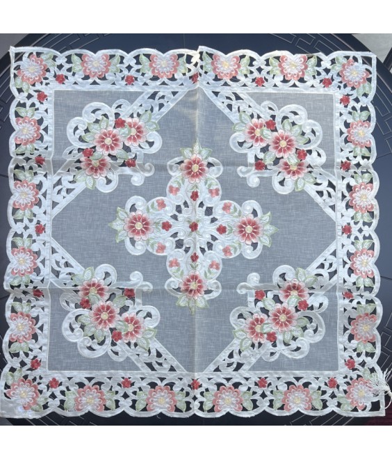 Red Flower Embroidered Lace Square Tablecloth, Euro Style Dining Table Cover for Home Kitchen Decoration