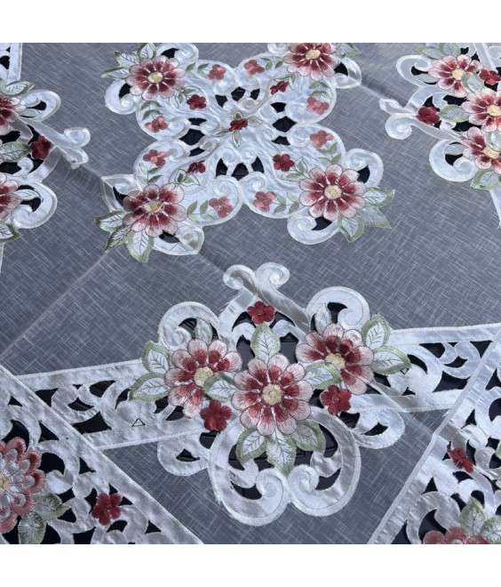 Red Flower Embroidered Lace Square Tablecloth, Euro Style Dining Table Cover for Home Kitchen Decoration