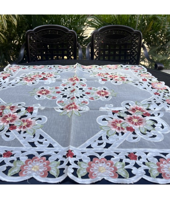 Red Flower Embroidered Lace Square Tablecloth, Euro Style Dining Table Cover for Home Kitchen Decoration
