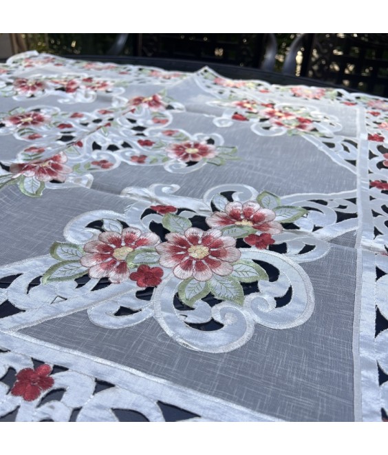 Red Flower Embroidered Lace Square Tablecloth, Euro Style Dining Table Cover for Home Kitchen Decoration