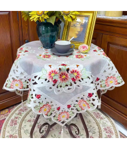 Red Flower Embroidered Lace Square Tablecloth, Euro Style Dining Table Cover for Home Kitchen Decoration
