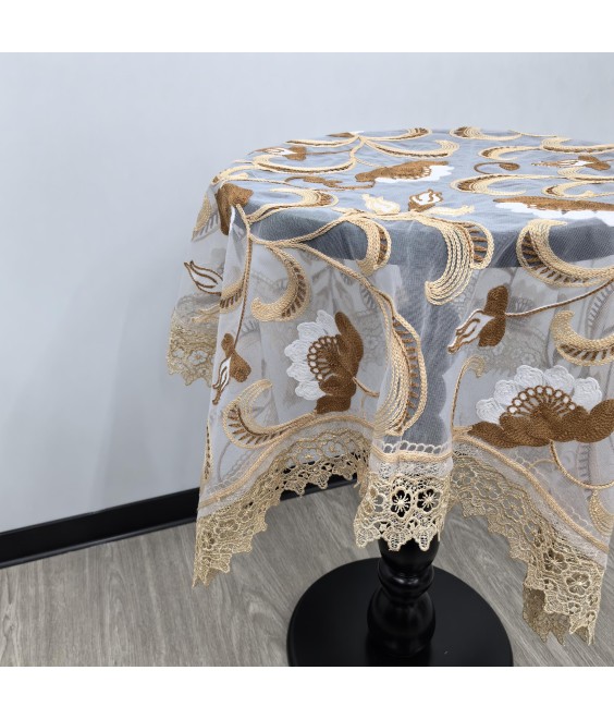Brown Embroidered Lace Square Tablecloth, Euro Style Dining Table Cover for Home Kitchen Decoration