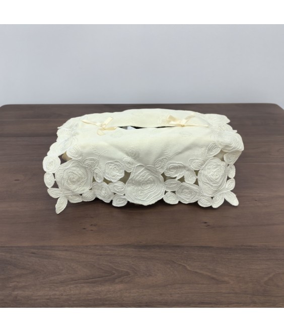 White Fabric Tissue Box Cover，Embroidered Jacquard Linen Tissue Holder