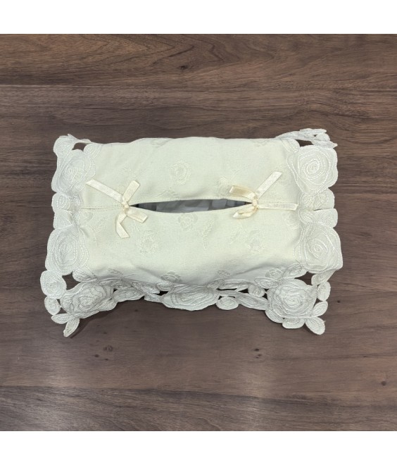 White Fabric Tissue Box Cover，Embroidered Jacquard Linen Tissue Holder