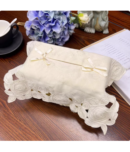 White Fabric Tissue Box Cover，Embroidered Jacquard Linen Tissue Holder