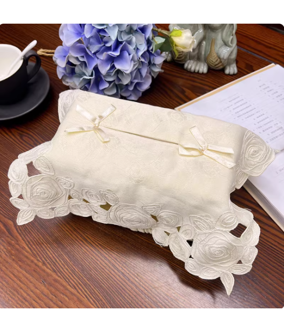 White Fabric Tissue Box Cover，Embroidered Jacquard Linen Tissue Holder
