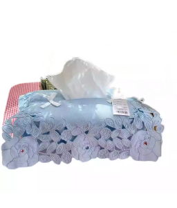 Blue Fabric Tissue Box Cover，Embroidered Jacquard Linen Tissue Holder