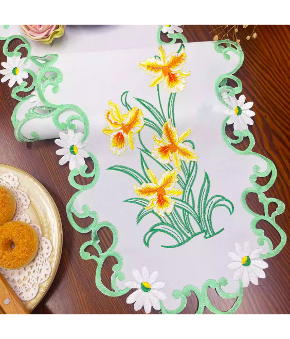 Daffodil Embroidered Table Runner, Fabric Dresser Runner for Home Kitchen Dining Tabletop Decoration