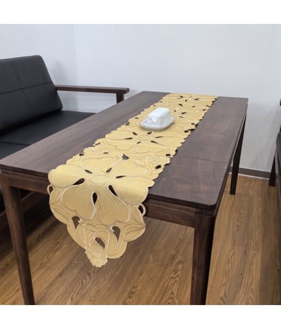 Yellow Flower Embroidered Table Runner, Fabric Dresser Runner for Home Kitchen Dining Tabletop Decoration