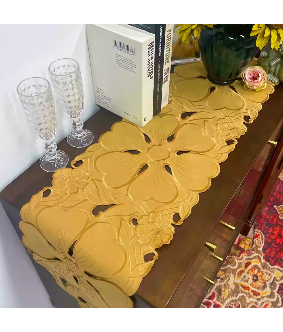 Yellow Flower Embroidered Table Runner, Fabric Dresser Runner for Home Kitchen Dining Tabletop Decoration
