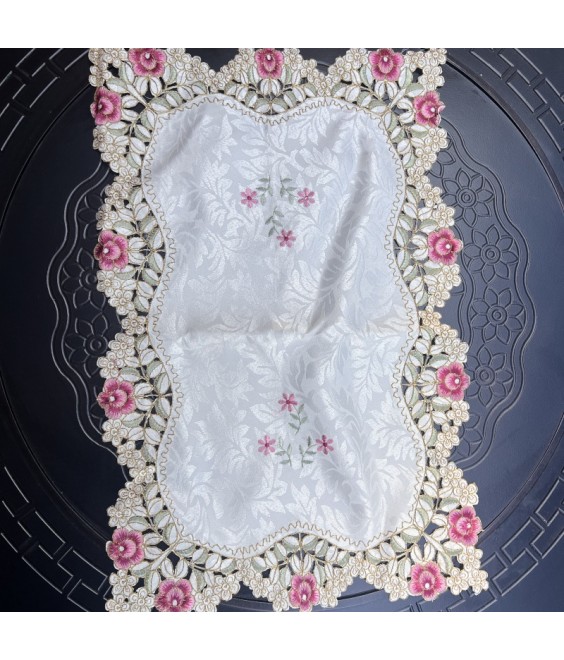 Pink Flower Embroidered Table Runner, Fabric Dresser Runner for Home Kitchen Dining Tabletop Decoration
