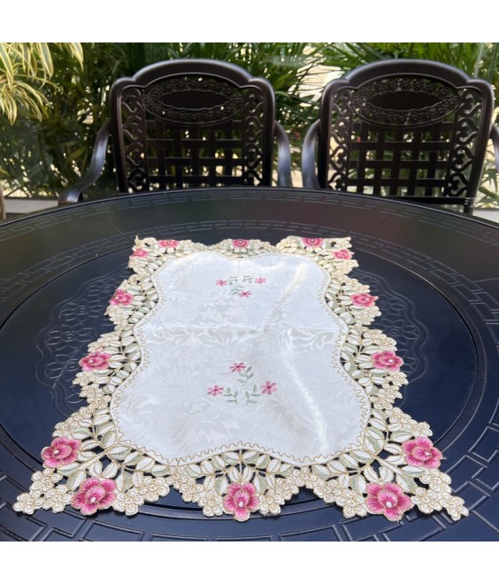 Pink Flower Embroidered Table Runner, Fabric Dresser Runner for Home Kitchen Dining Tabletop Decoration