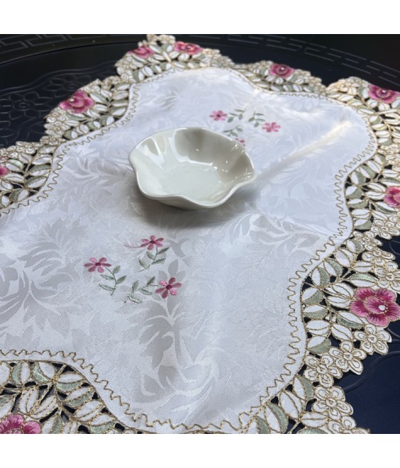 Pink Flower Embroidered Table Runner, Fabric Dresser Runner for Home Kitchen Dining Tabletop Decoration