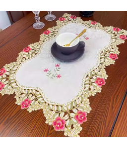 Pink Flower Embroidered Table Runner, Fabric Dresser Runner for Home Kitchen Dining Tabletop Decoration