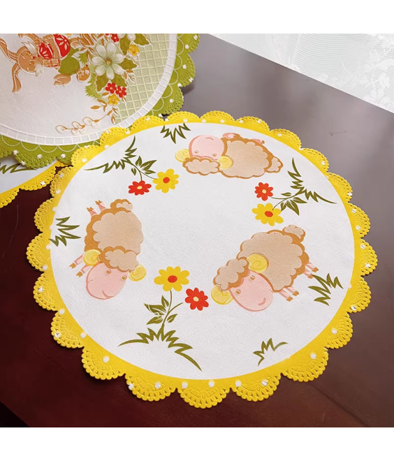 Cute Round Table Placemats, Sheep Embroidered Doilies Cup Mat