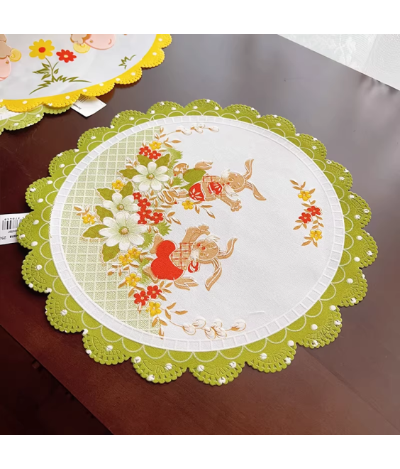 Cute Round Table Placemats, Rabbit Embroidered Doilies Cup Mat