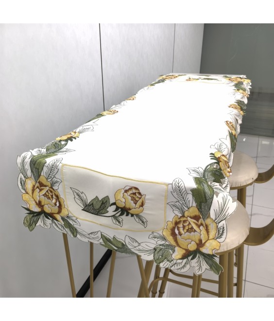 Yellow Flower Embroidered Table Runner,Euro Style Dining Table Cover for Home Kitchen Decoration