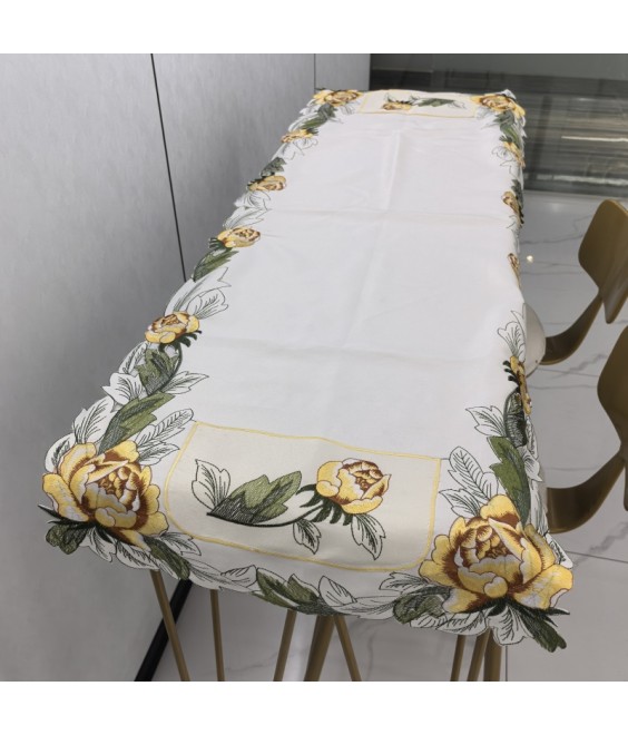 Yellow Flower Embroidered Table Runner,Euro Style Dining Table Cover for Home Kitchen Decoration