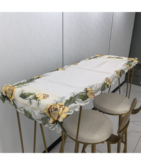 Yellow Flower Embroidered Table Runner,Euro Style Dining Table Cover for Home Kitchen Decoration
