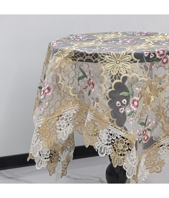Beige Lace Square Table Cloth,Vintage Style Dining Table Cover for Home Kitchen Decoration