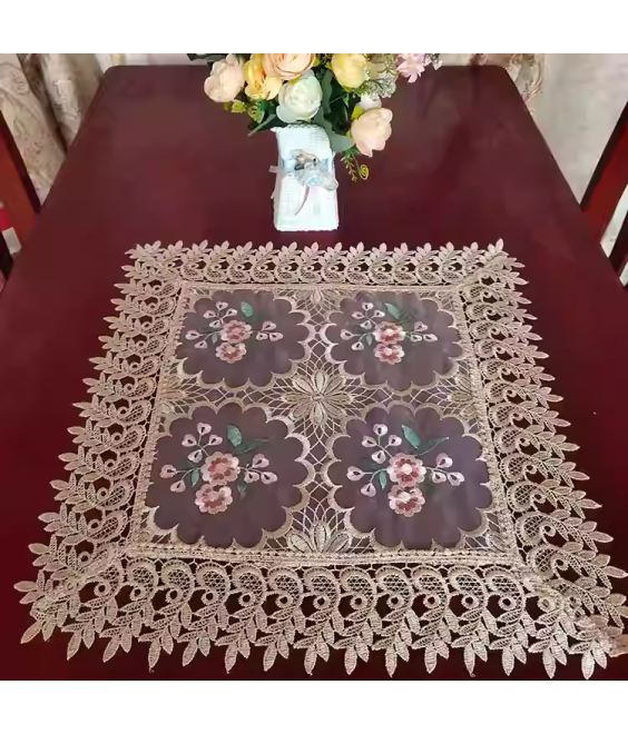 Beige Lace Square Table Cloth,Vintage Floral Dining Table Cover for Home Kitchen Decoration