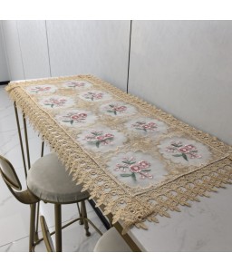 Beige Lace Embroidered Table Runner,Vintage Floral Dining Table Cover for Home Kitchen Decoration