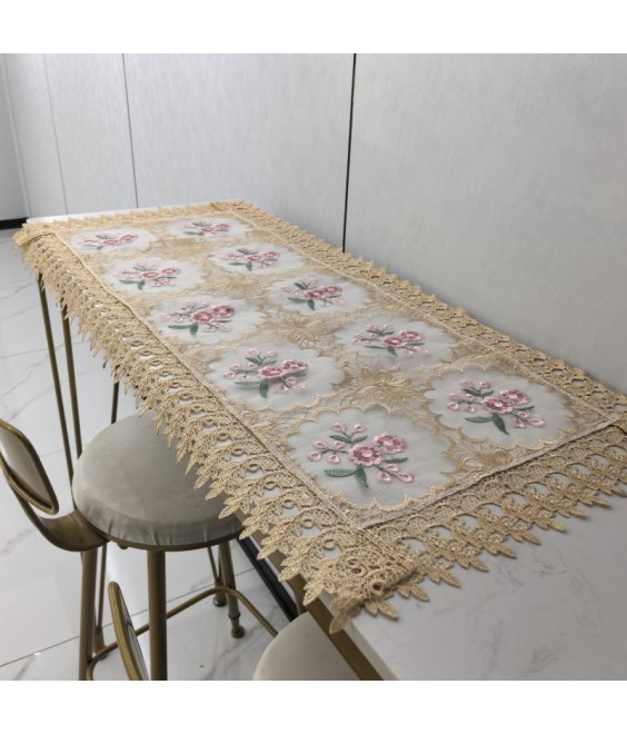 Beige Lace Embroidered Table Runner,Vintage Floral Dining Table Cover for Home Kitchen Decoration