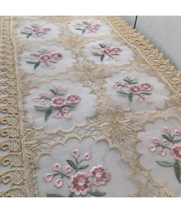 Beige Lace Embroidered Table Runner,Vintage Floral Dining Table Cover for Home Kitchen Decoration