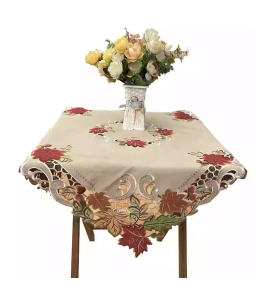 Maple Leaf Square Table Cloth,Vintage Floral Embroidered Dining Table Cover for Home Kitchen Decoration