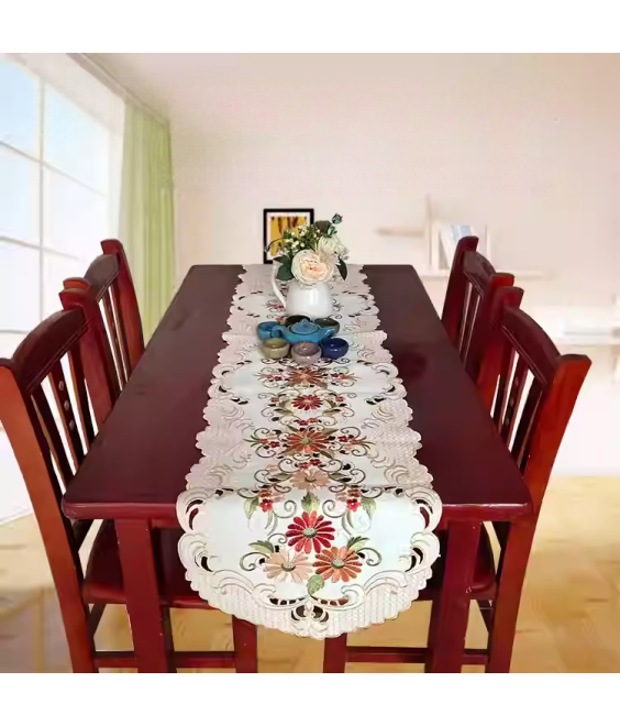 Daisy Embroidered Table Runner, Exquisite Flower Dining Table Cover for Home Kitchen Decoration