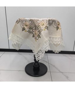 Cream Linen Tablecloth, Brown Floral Pattern Embroidered Table Cloth