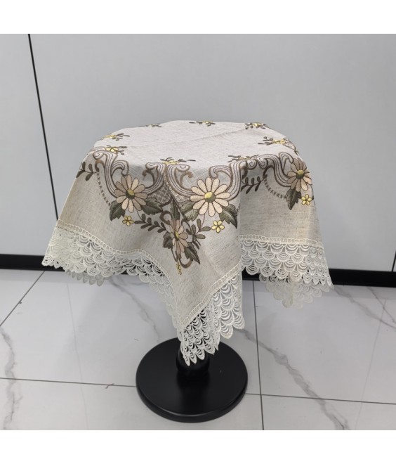 Cream Linen Tablecloth, Brown Floral Pattern Embroidered Table Cloth