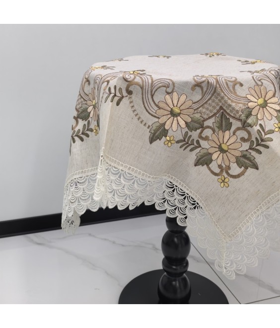 Cream Linen Tablecloth, Brown Floral Pattern Embroidered Table Cloth