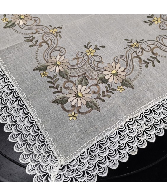 Cream Linen Tablecloth, Brown Floral Pattern Embroidered Table Cloth