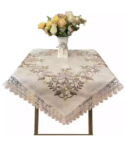 Cream Linen Tablecloth, Brown Floral Pattern Embroidered Table Cloth