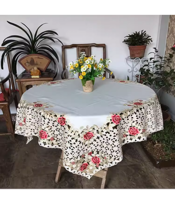 Jacquard Floral Embroidered Square Tablecloth, Fabric Vintage Rose Table Cloth