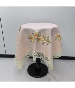 Pink Linen Tablecloth, Floral Pattern Embroidered Table Cover