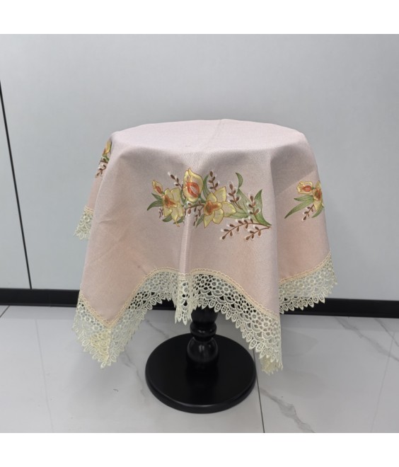 Pink Linen Tablecloth, Floral Pattern Embroidered Table Cover