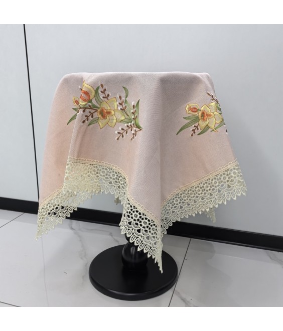 Pink Linen Tablecloth, Floral Pattern Embroidered Table Cover