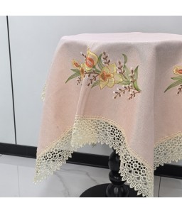 Pink Linen Tablecloth, Floral Pattern Embroidered Table Cover