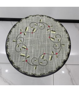 Round Linen Tablecloth, Leaf Pattern Embroidered Table Cover