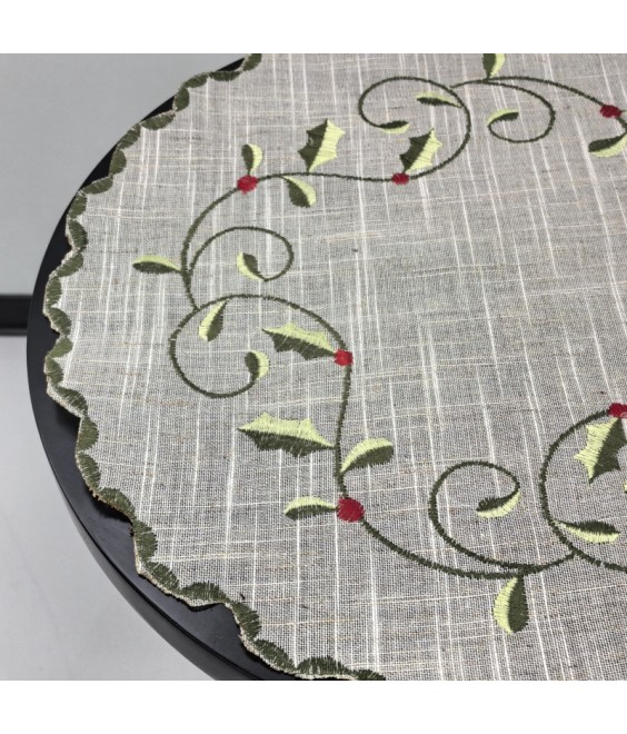 Round Linen Tablecloth, Leaf Pattern Embroidered Table Cover