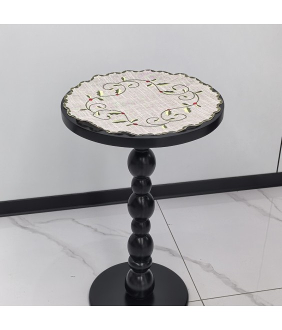 Round Linen Tablecloth, Leaf Pattern Embroidered Table Cover