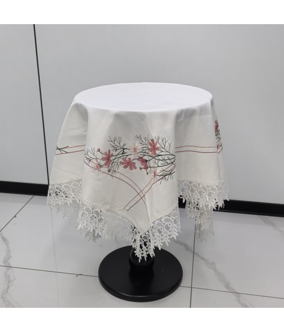 White Lace Linen Tablecloth, Floral Pattern Embroidered Table Cover