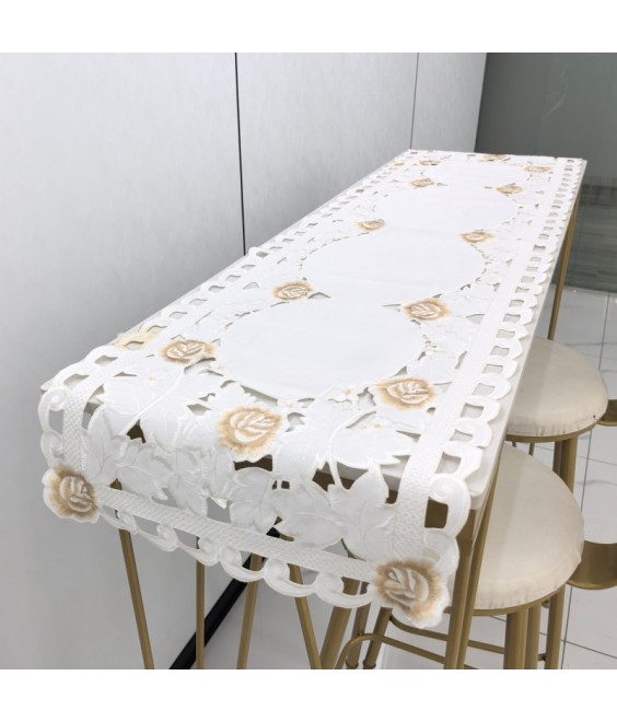 Burnt-edge Rose Embroidered Table Runner,Euro Style Dining Table Cover for Home Kitchen Decoration