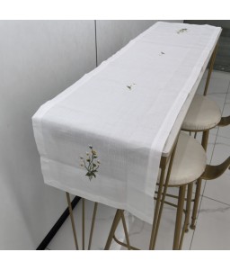 White Linen Tablecloth, Floral Pattern Embroidered Table Cover