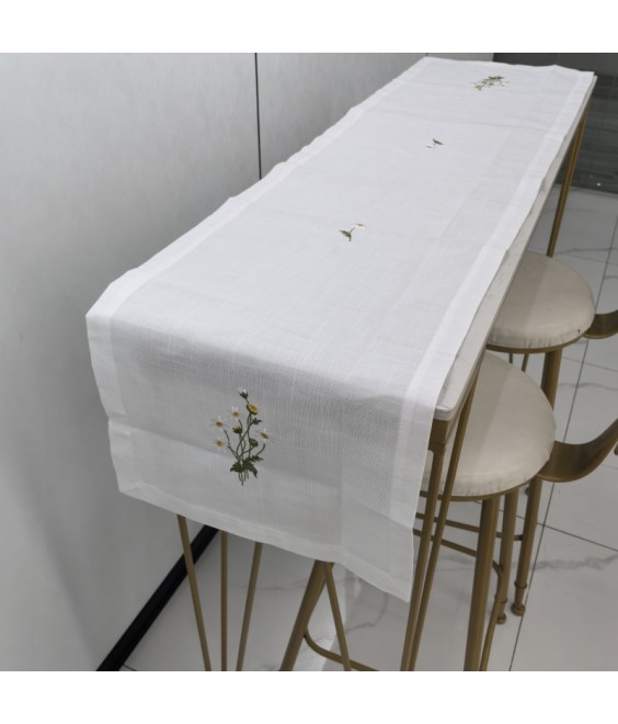 White Linen Tablecloth, Floral Pattern Embroidered Table Cover