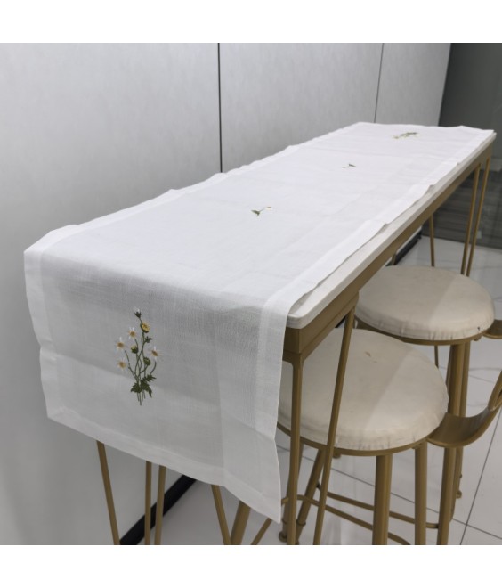 White Linen Tablecloth, Floral Pattern Embroidered Table Cover