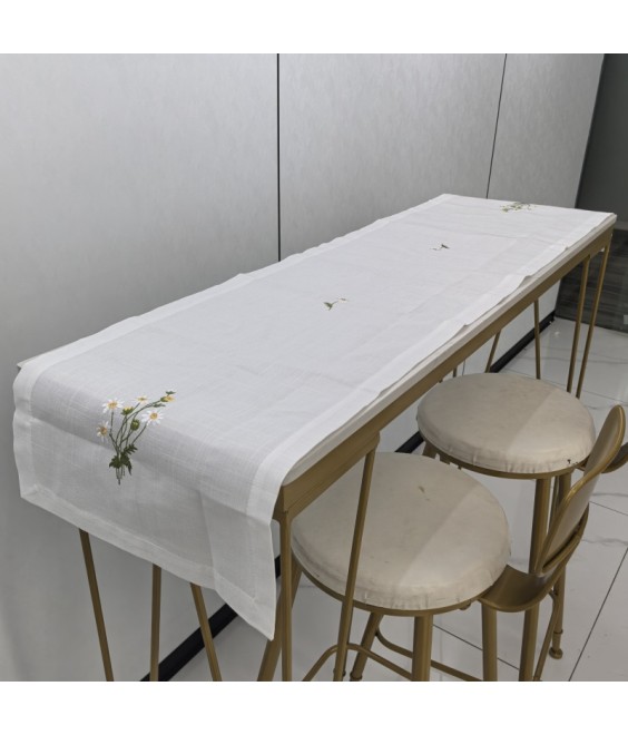 White Linen Tablecloth, Floral Pattern Embroidered Table Cover